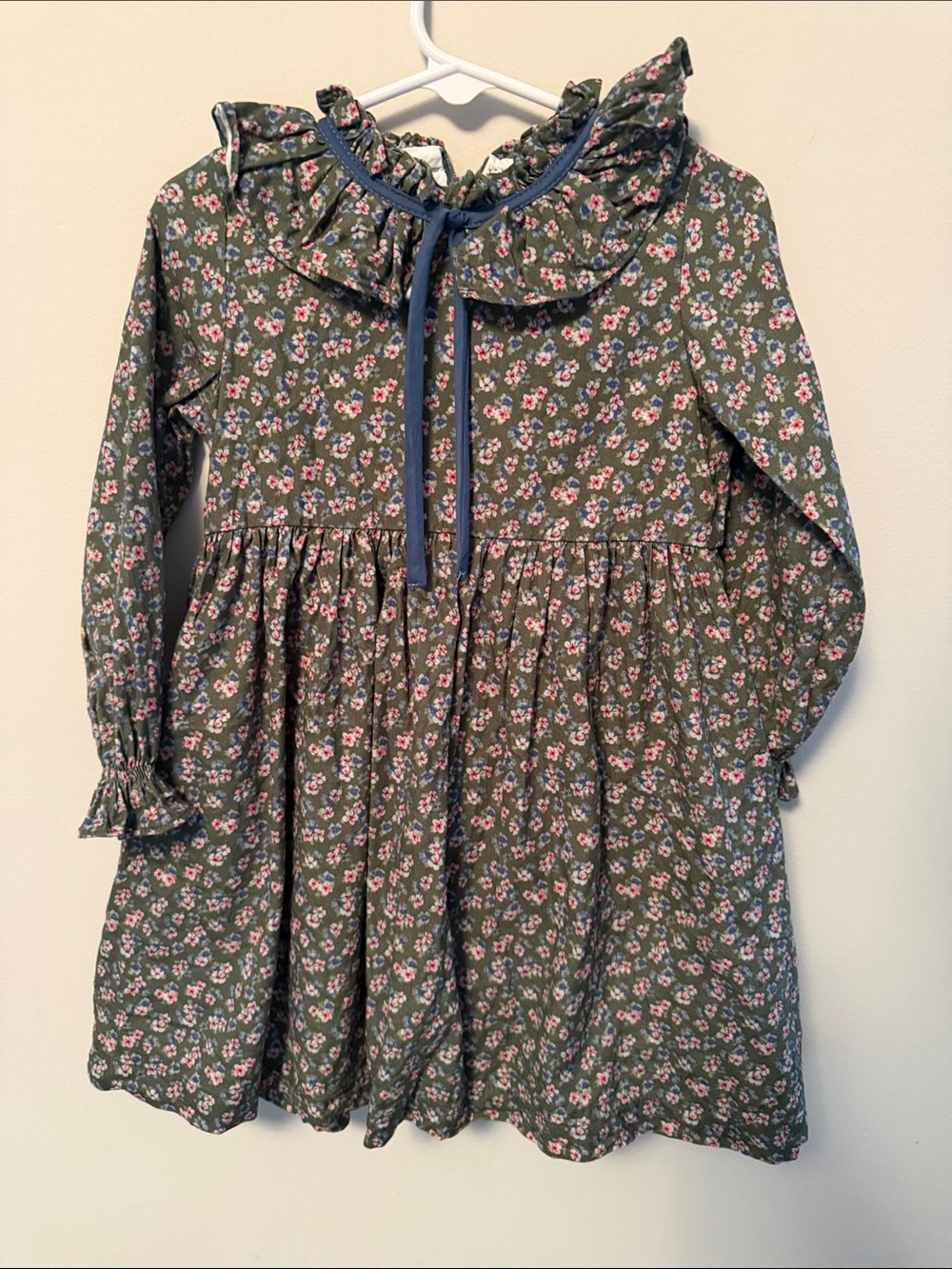 Girls' Olive Green Floral Ruffle Collar Dress with Pink Flowers